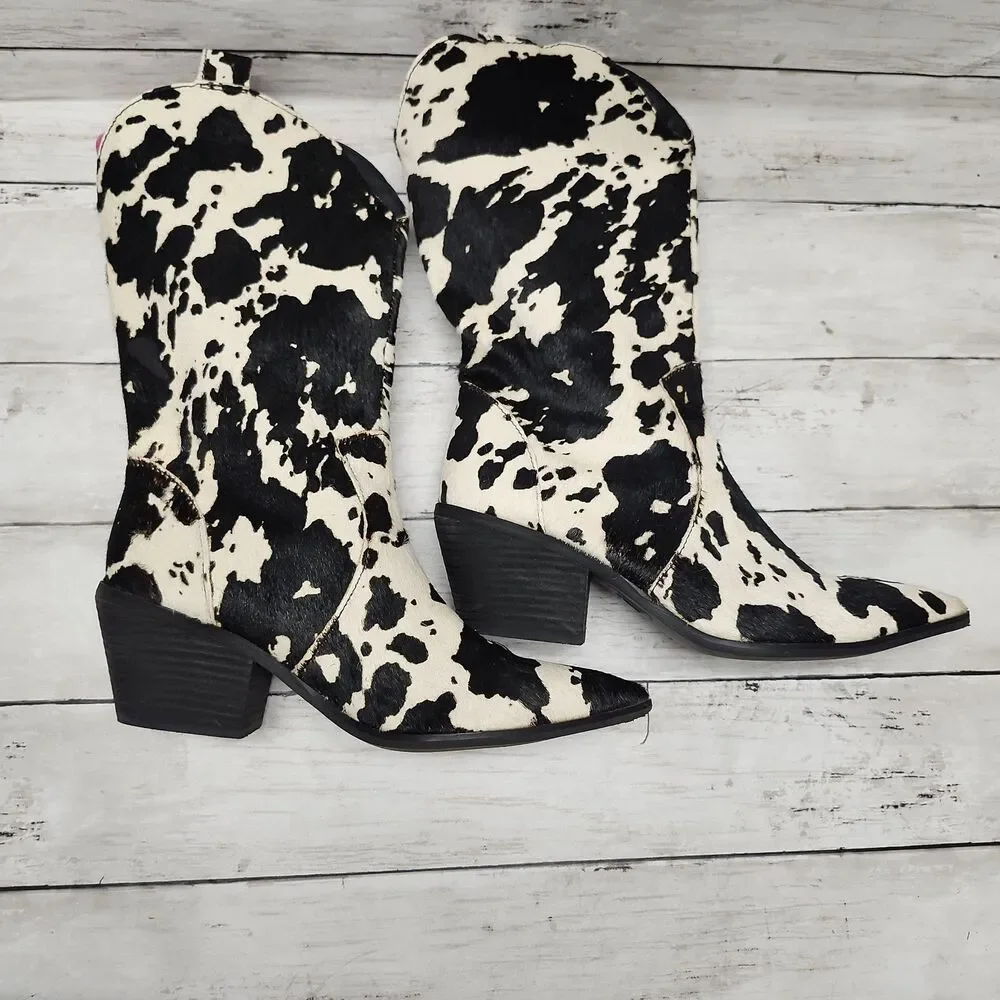 DINGO Live a Little Cow Print Calf Hair Western Boots Women's Size 8 Black/White